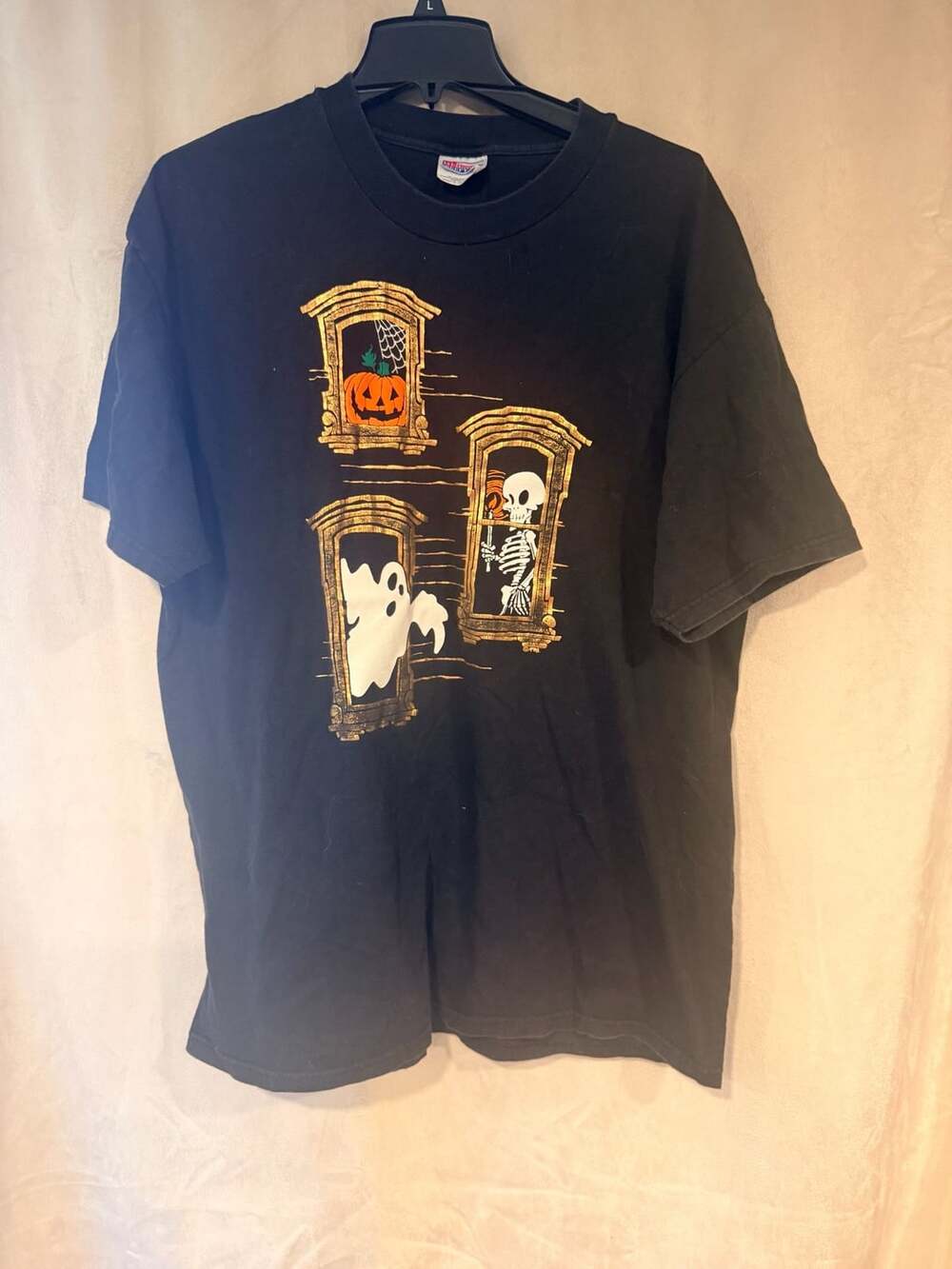 Vntg Hanes Halloween Graphic T-Shirt XL Black Vintage Pumpkin Ghost Skeleton